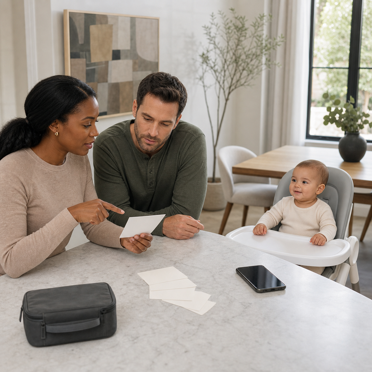 Two caregivers assigning household emergency roles beside a reachable phone and closed first-aid bag while a calm infant sits safely in an empty high chair
