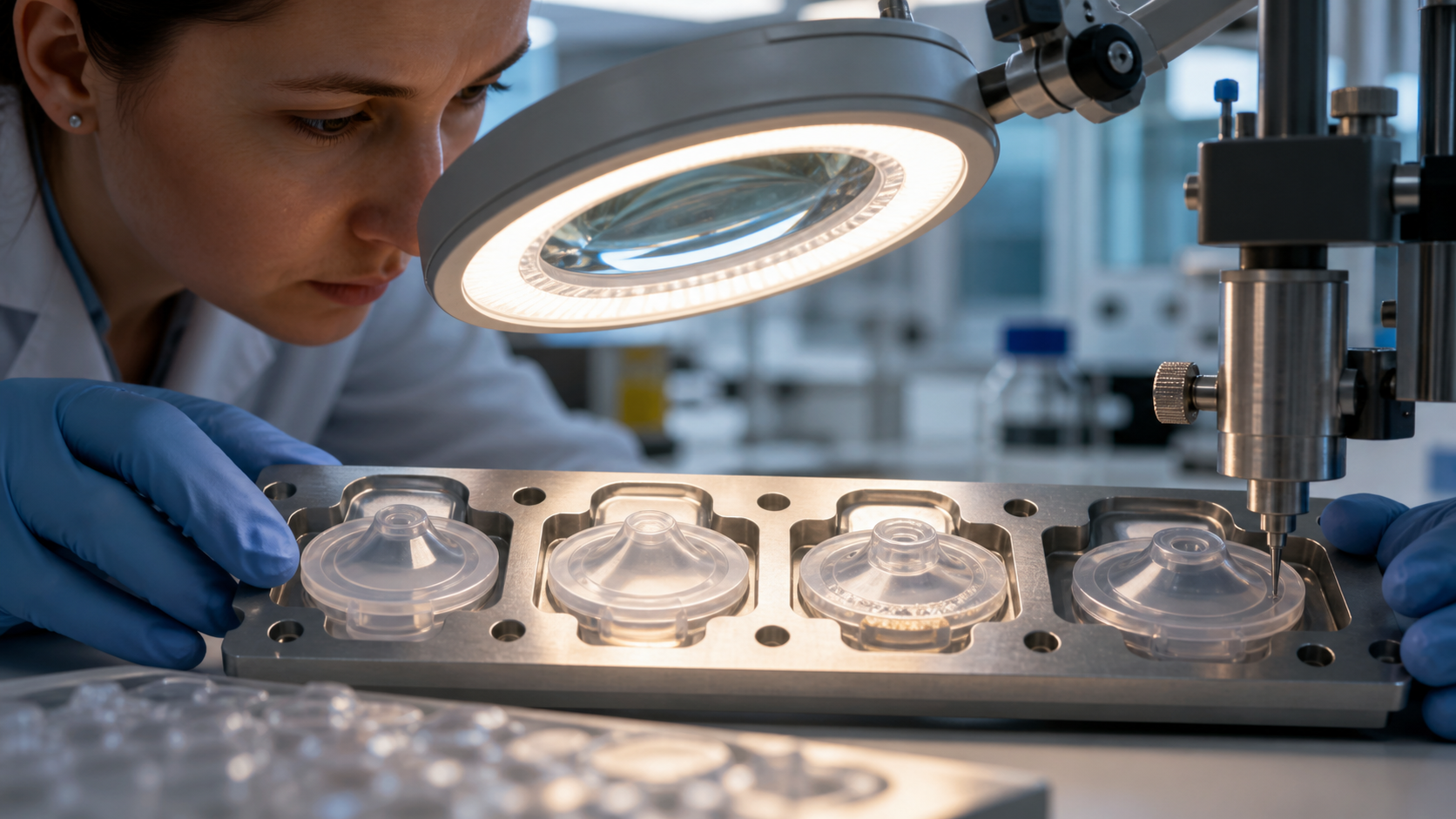 A quality engineer compares clear valve samples for leakage, deformation, residue, and reset consistency.