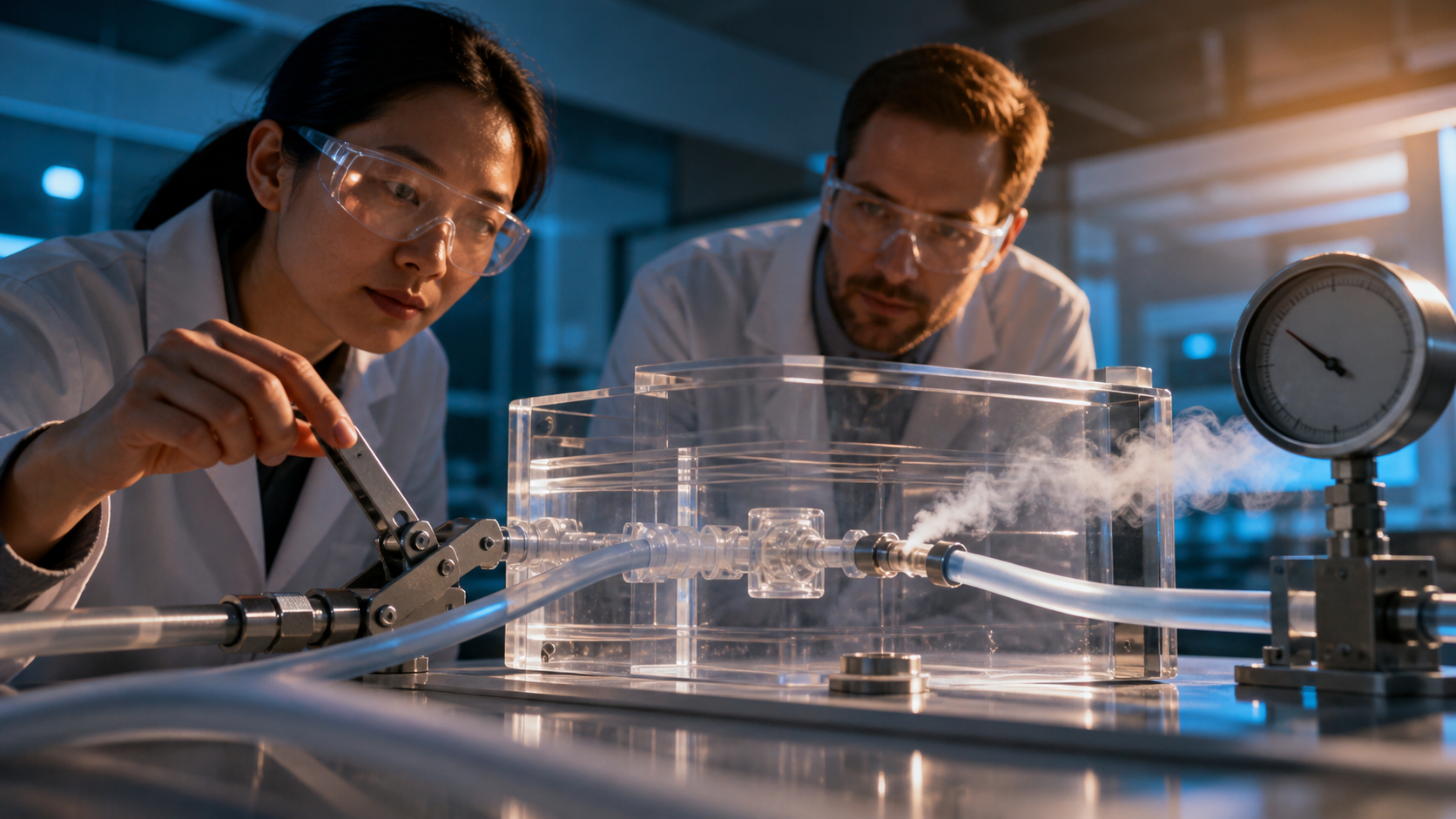 Engineers use a vapor tracer to reveal an unintended leak path in a suction airflow test rig.