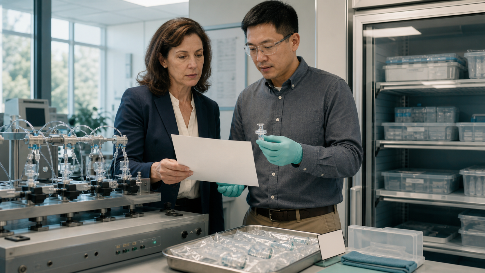 A procurement lead and biomedical engineer review valve testing, storage history, and inspection evidence.