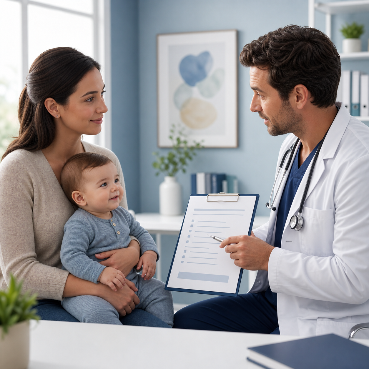 Parent and baby in a calm pediatric consultation while a clinician reviews a neutral care plan