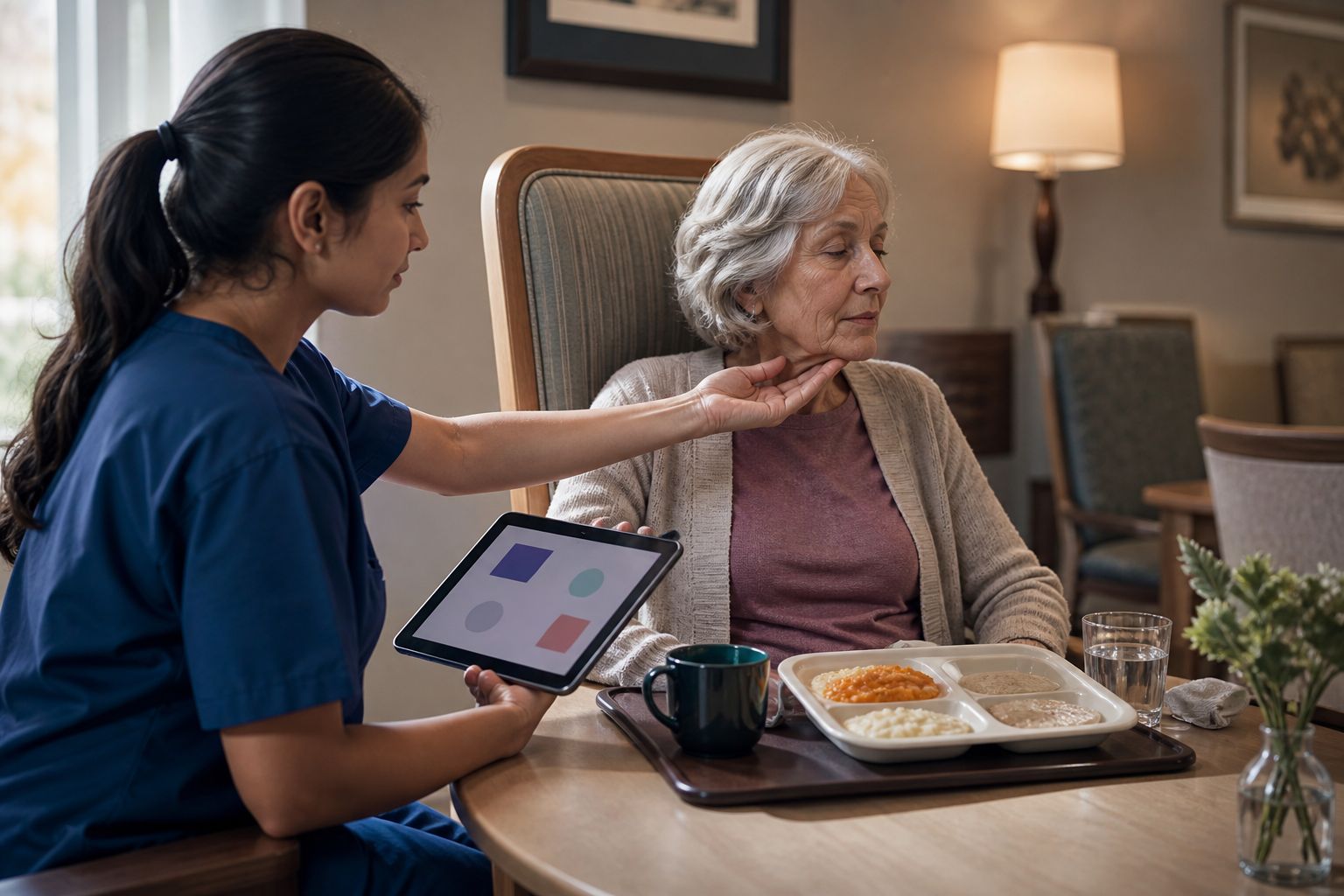 A caregiver documents meal texture, upright posture, assistance, and symptoms immediately after a calm older adult finishes eating.