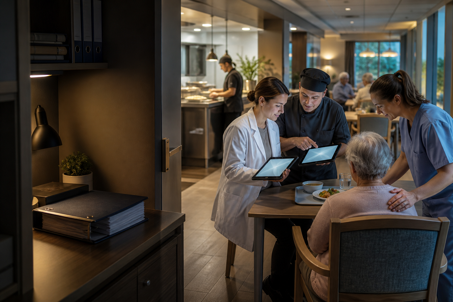 A dim static binder sits apart while kitchen and care staff coordinate updated mealtime instructions through current digital records.