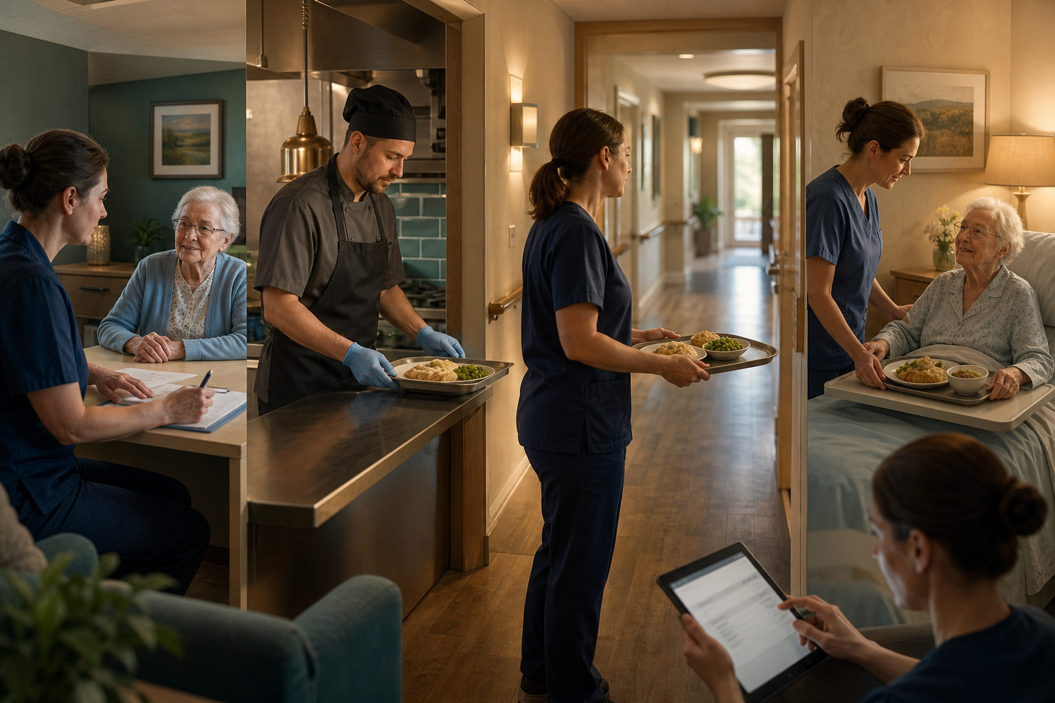 A connected care-home workflow carries one meal from assessment and kitchen preparation through tray verification, bedside confirmation, and response logging.