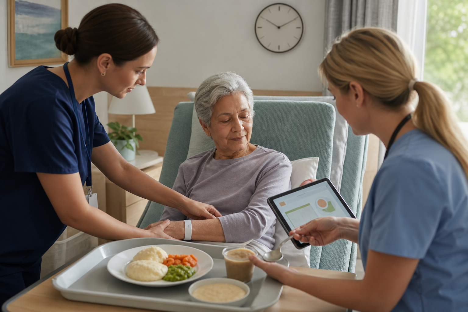 Care staff verify resident identity, upright posture, food texture, drink consistency, and timing before the first bite.