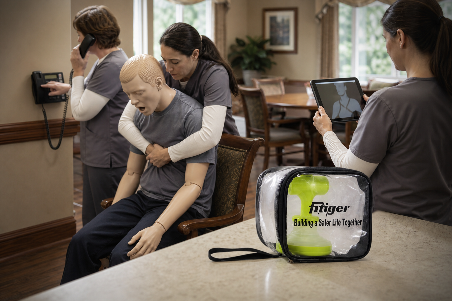 An adult training-mannequin drill documents first-line response and emergency activation while the real closed Fitiger FoldPumpVac package remains staged as second-line backup.