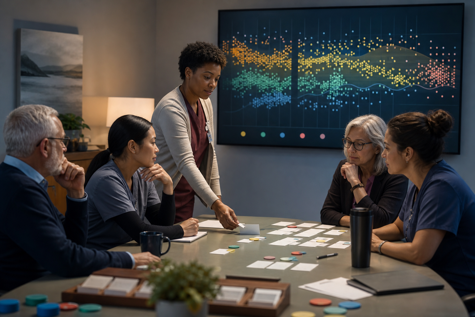 A multidisciplinary care team reviews repeated mealtime safety patterns and assigns follow-up using abstract records and colored tokens.