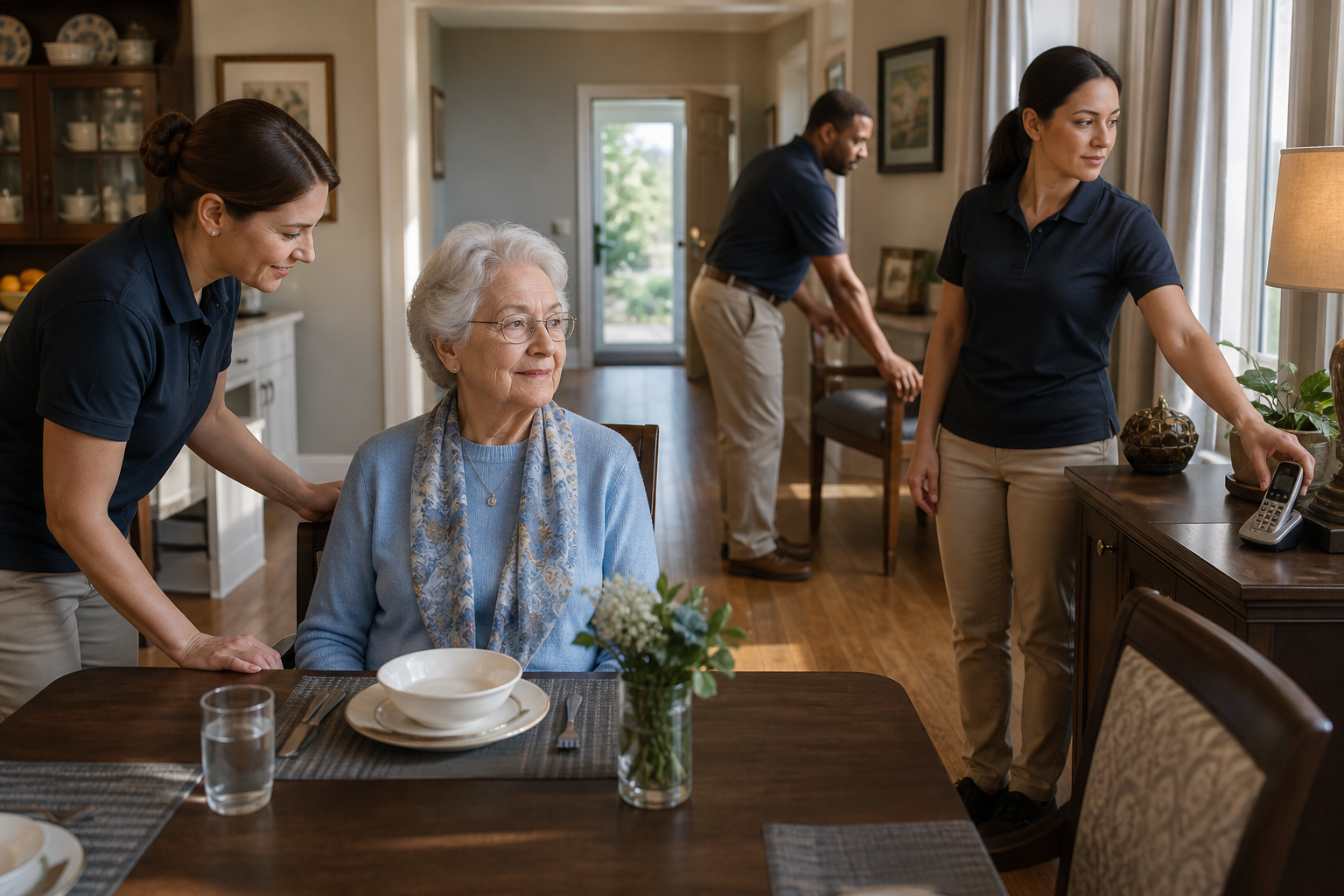 Care staff prepare a calm older adult's upright dining position, clear access path, and immediately reachable emergency phone before lunch.