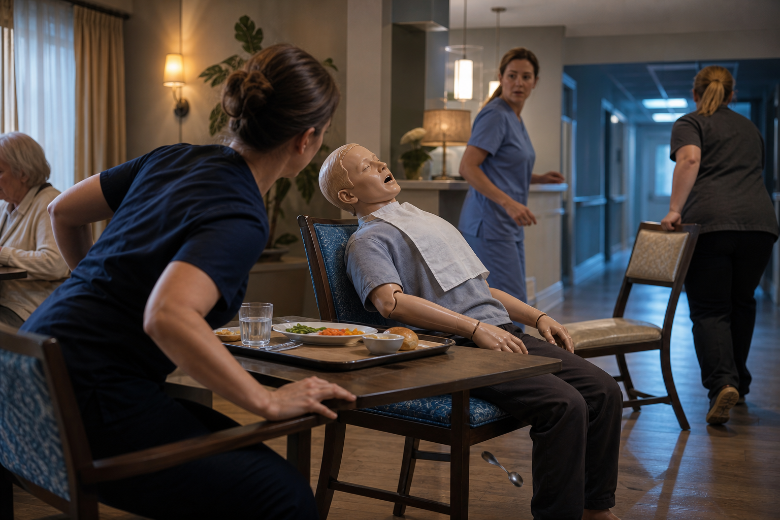 Staff recognize the first seconds of a choking-response drill as a spoon falls beside an adult training mannequin and the aisle begins to clear.