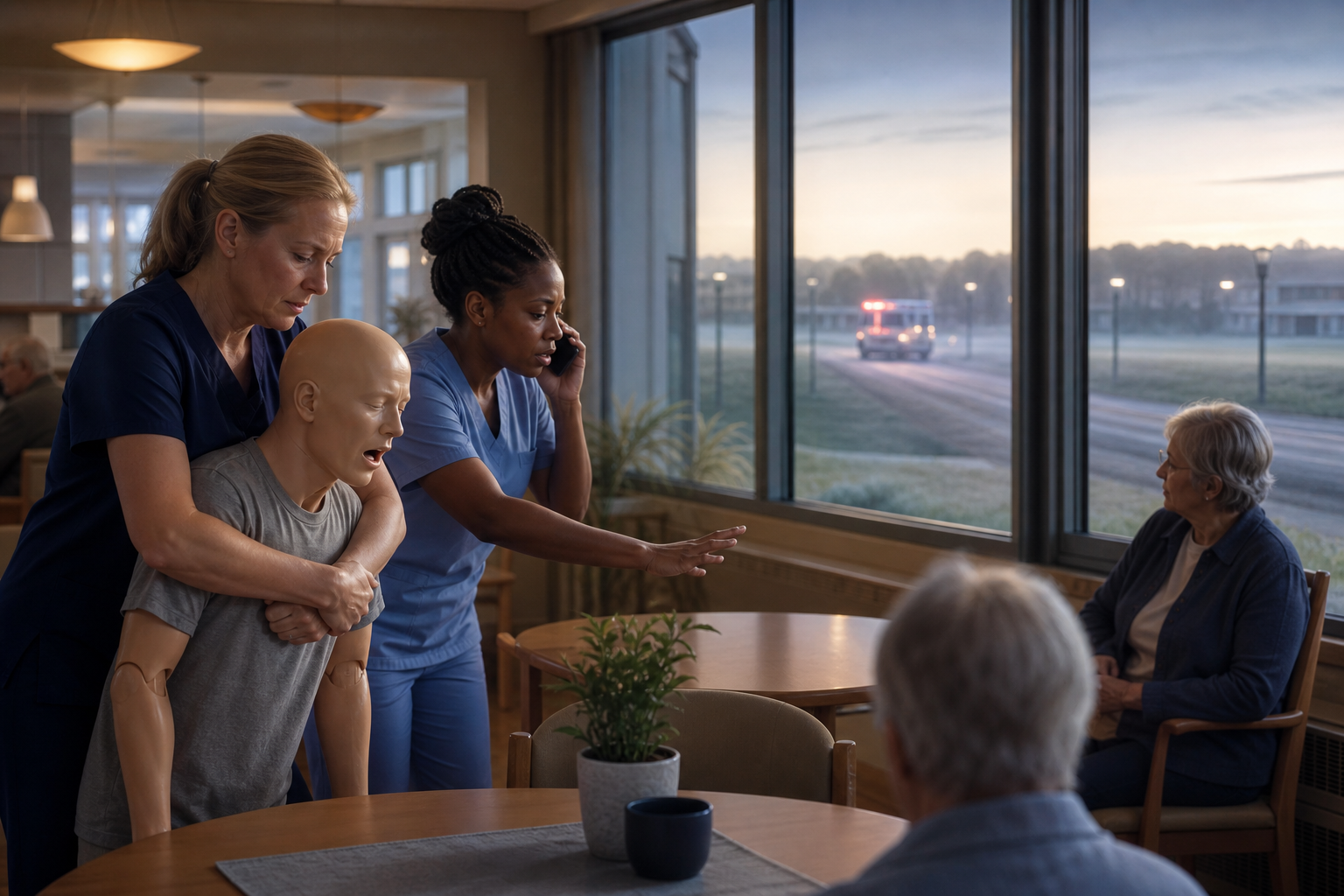 Care staff begin first-line practice and call for help around an adult training mannequin while an ambulance remains visibly distant.