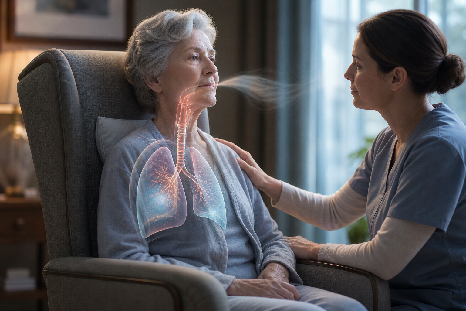 A calm older adult and caregiver are shown with an educational airway and lung visualization illustrating low respiratory reserve and chair-access limits.