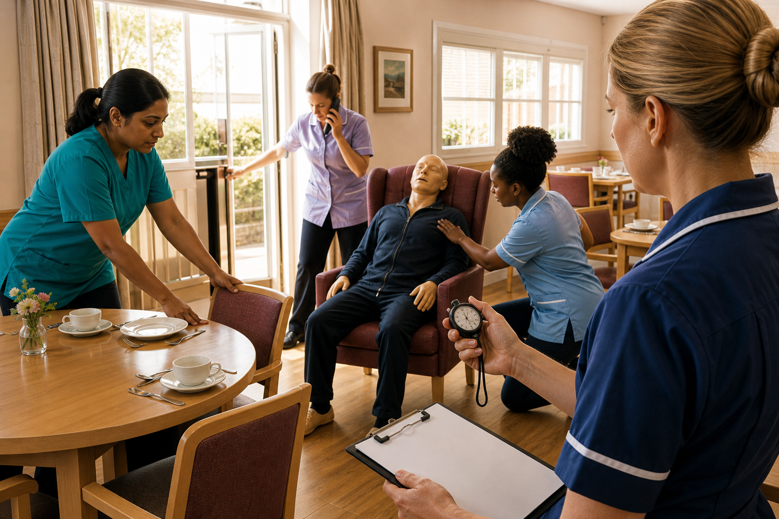 A care team times recognition, phone activation, chair clearance, and responder access during a before-lunch drill with an adult training mannequin.