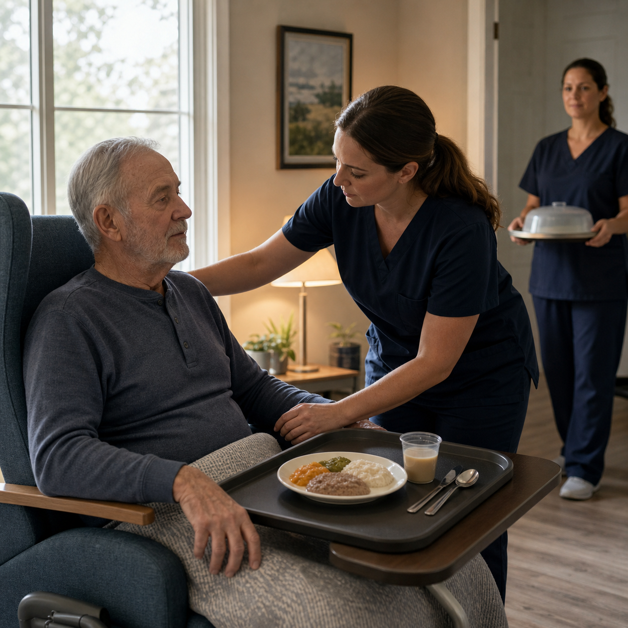 A caregiver checks an older resident's upright posture, assistance setup, and texture-modified tray while a second worker pauses at the doorway.