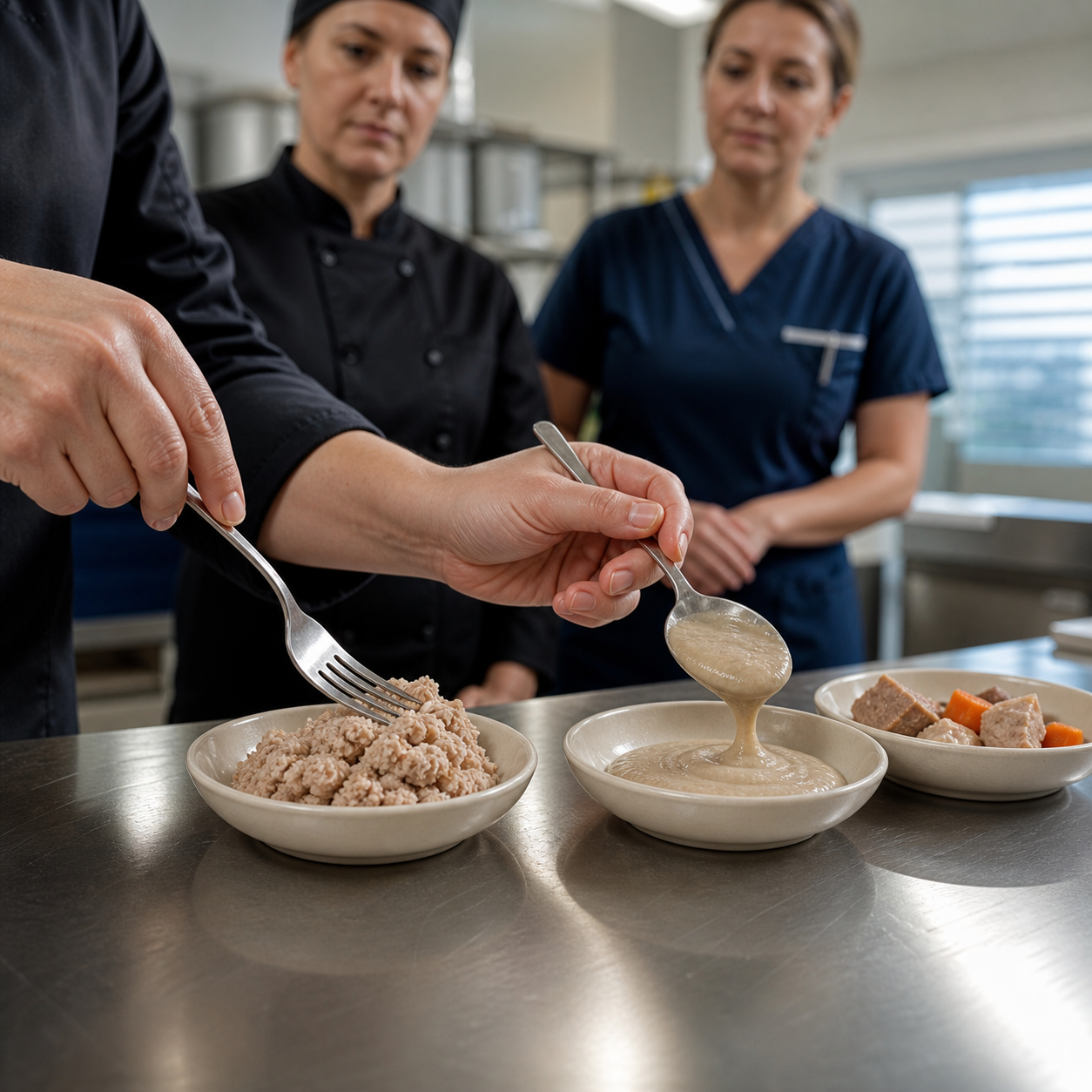 Care staff use fork-pressure and spoon-tilt checks to distinguish minced moist food, smooth puree, and unsafe oversized pieces.