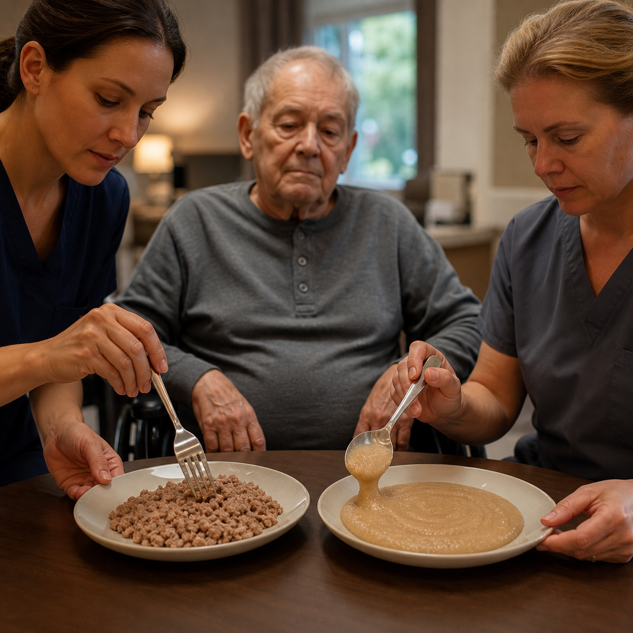 Two caregivers compare fork-tested minced-and-moist food with spoon-tested smooth puree beside an older resident.