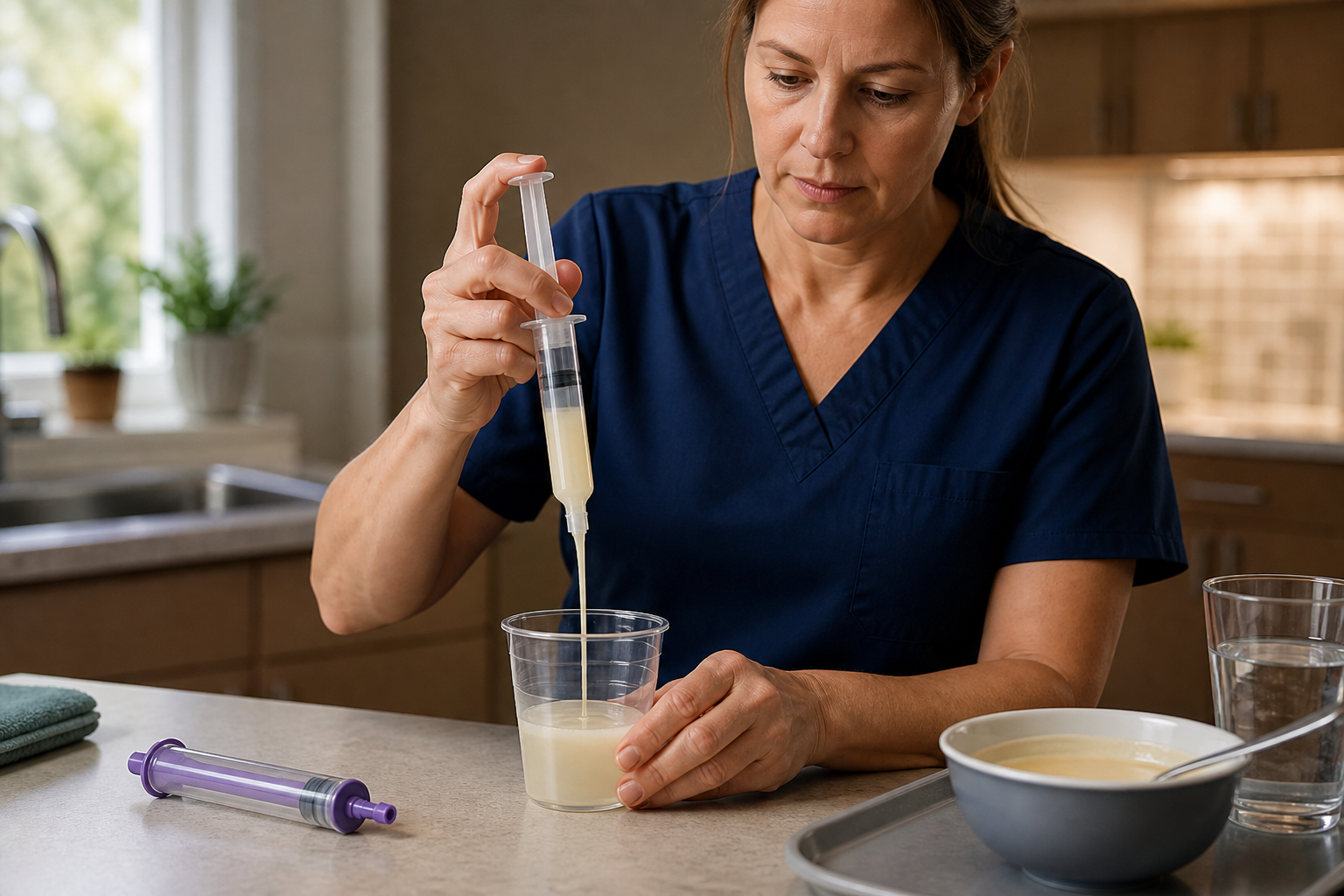 A caregiver uses the selected transparent slip-tip syringe to check thickened-liquid flow while a different unbranded tool remains set aside.