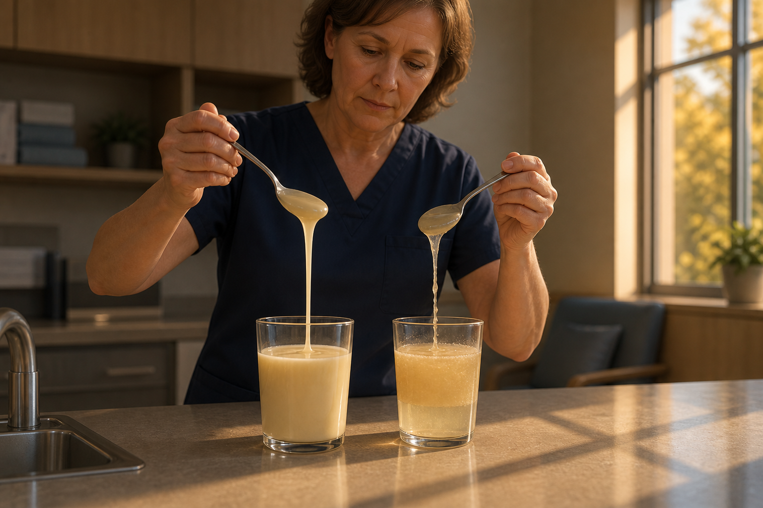 A caregiver compares the different spoon-flow behavior of a uniform fresh thickened drink and a delayed drink that has begun to separate.