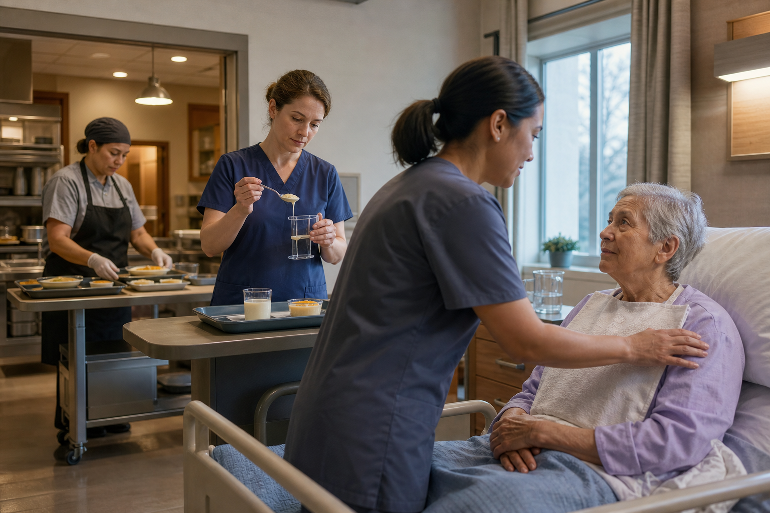 Dining staff prepare a texture-modified tray, a nurse verifies the drink, and a bedside caregiver checks an older resident's posture and readiness.