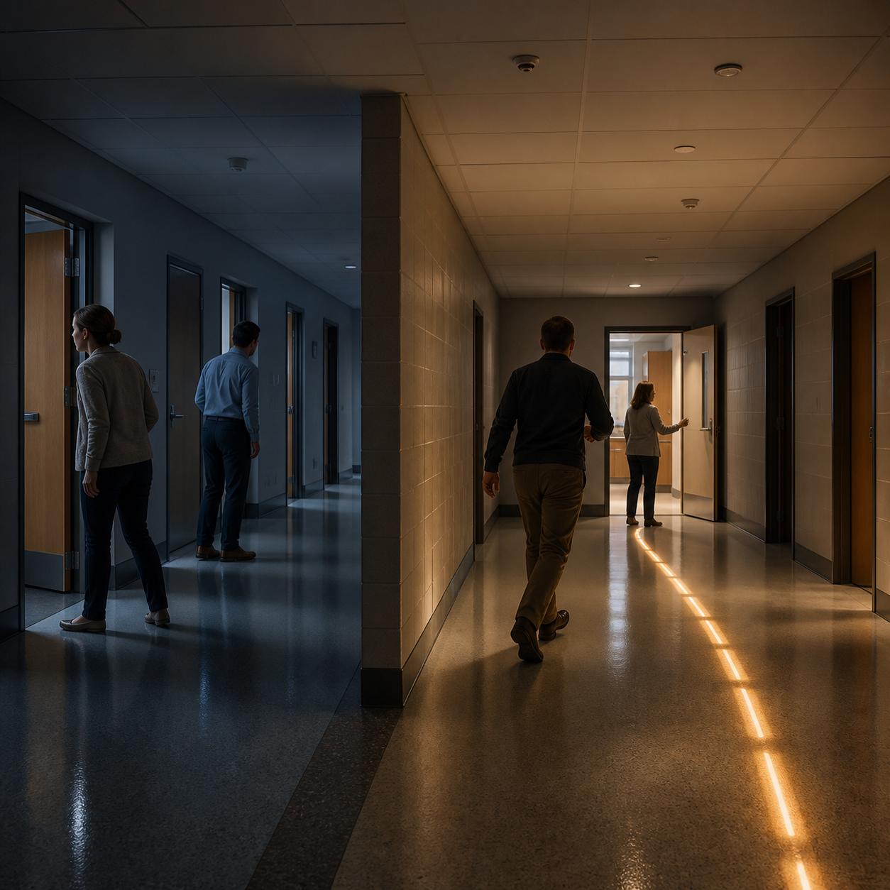 Two adults search uncertain doors in a dim school corridor while another responder follows one precise route to the correct room.