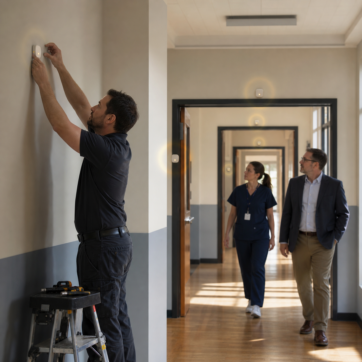 A facilities technician installs neutral room-level beacons while a school nurse and administrator test coverage through connected doorways.