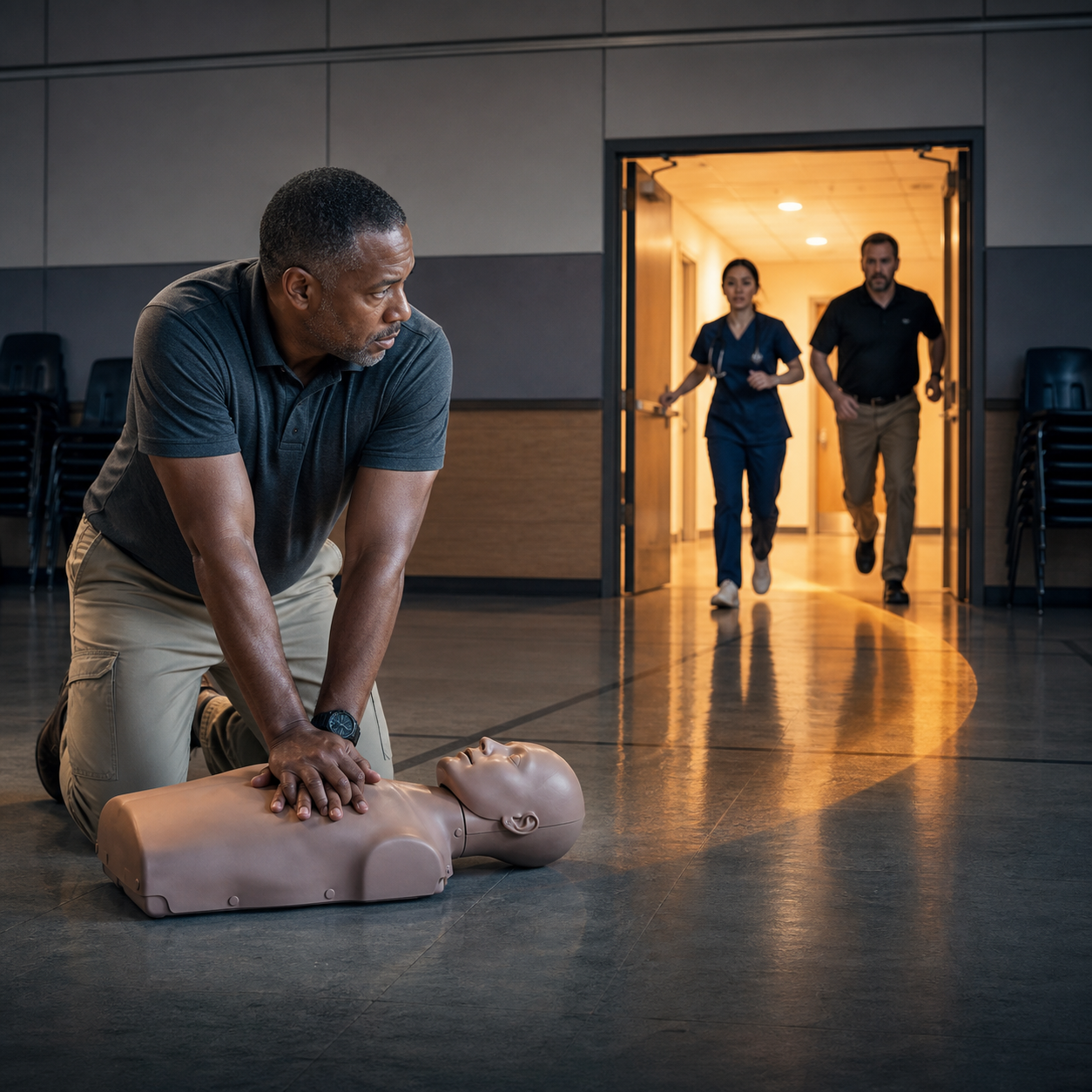 An adult responder remains with a training mannequin while a nurse and trained colleague arrive along the exact room-level route.