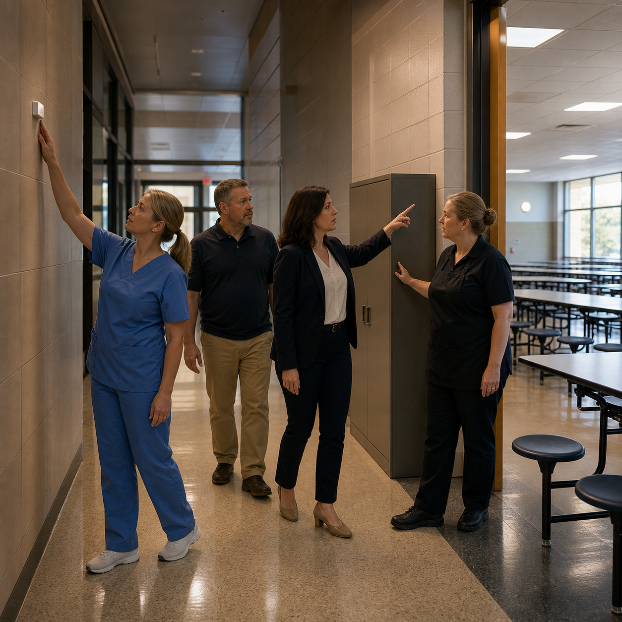 A nurse, facilities lead, administrator, and cafeteria manager audit beacon placement, the exact doorway, and nearby storage staging.