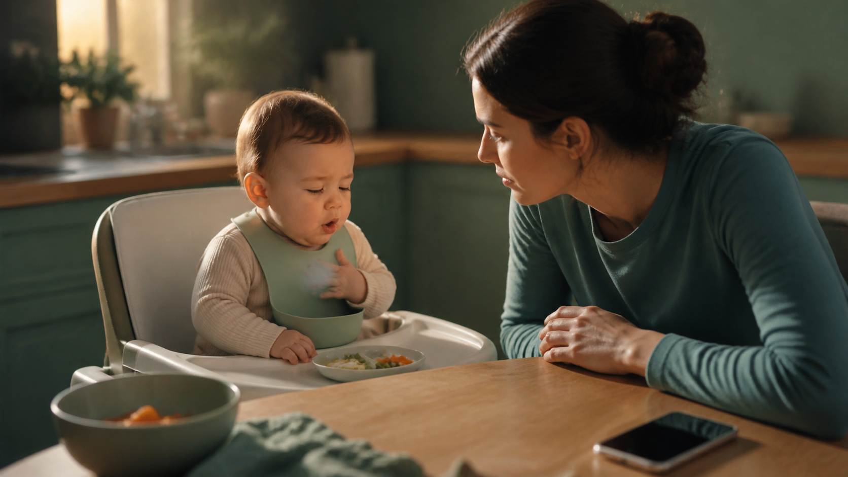 A caregiver watches an infant cough and checks airflow calmly with both hands kept outside the mouth.