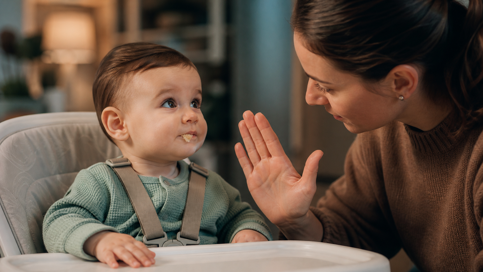 A caregiver pauses with an open hand while soft food remains visible at the front of an alert infant's lips.