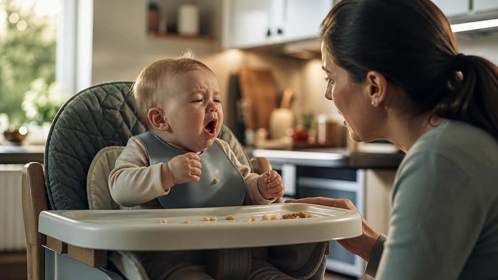 A responsive infant coughs and moves air while a caregiver stays close and observes without reaching into the mouth.