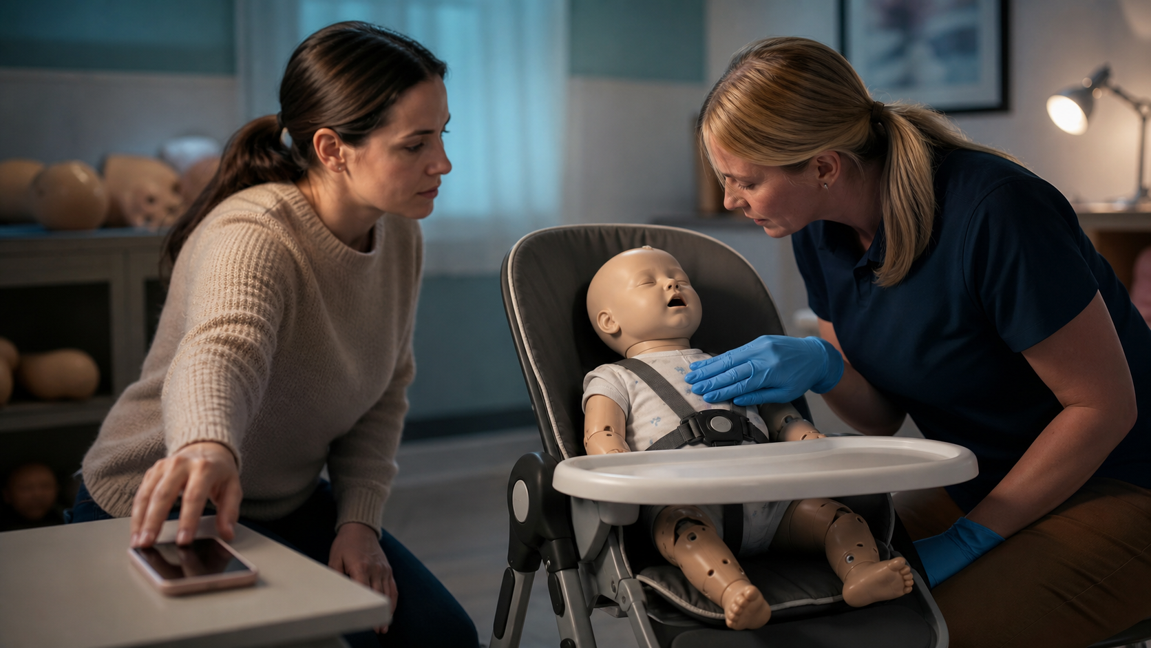 A pediatric first-aid simulation uses an infant training mannequin to recognize loss of effective airflow and begin emergency response.