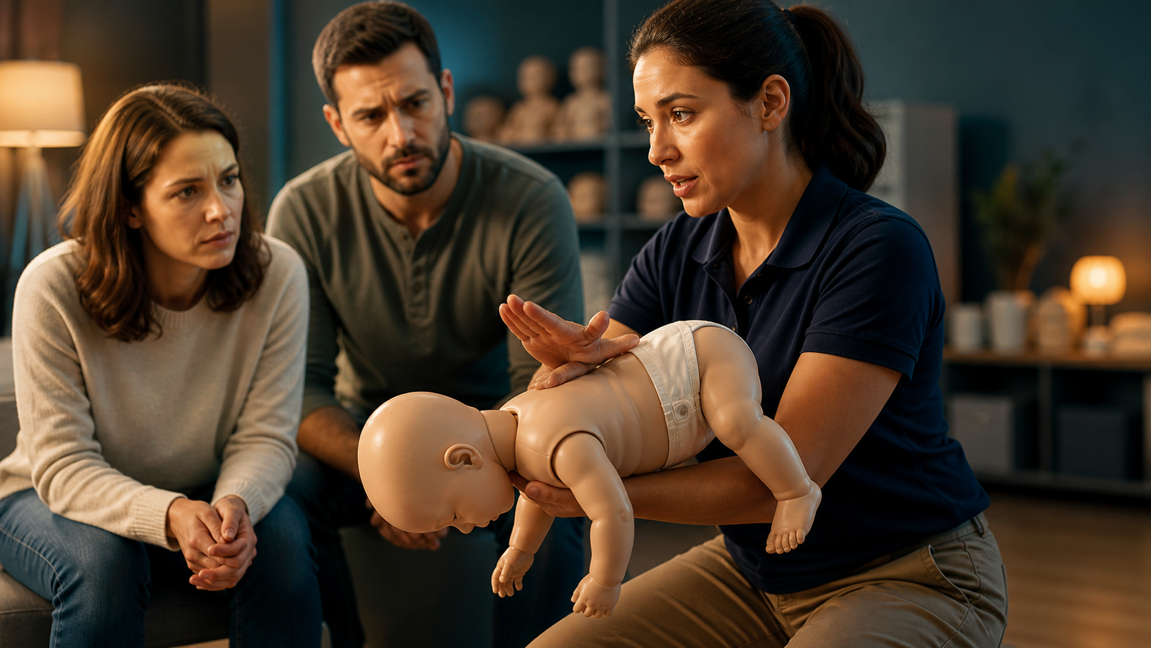 A pediatric first-aid instructor demonstrates supported back-blow positioning with an infant training mannequin.