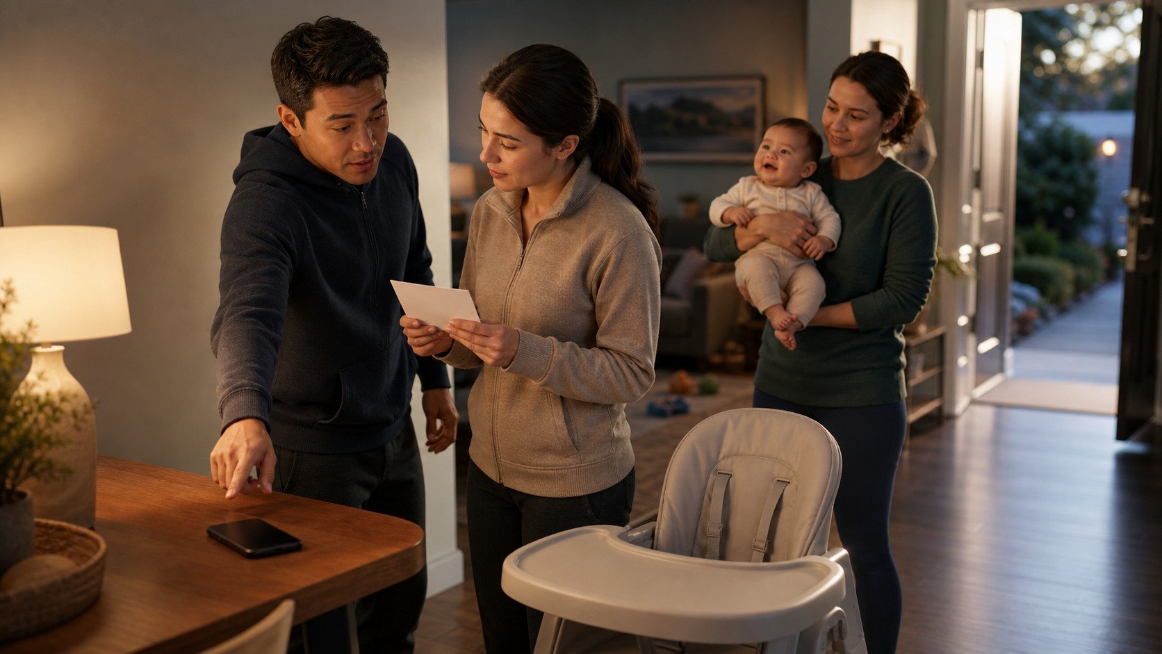 Caregivers rehearse a first-minute household choking plan beside an empty high chair while a healthy infant is held safely.