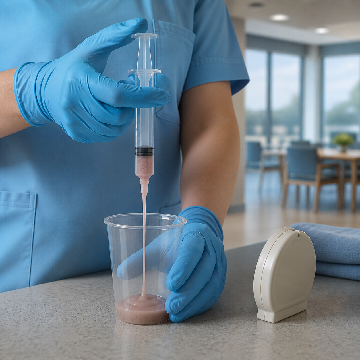 A nurse performs a thickened-drink flow test with an unbranded slip-tip syringe over a collection cup.