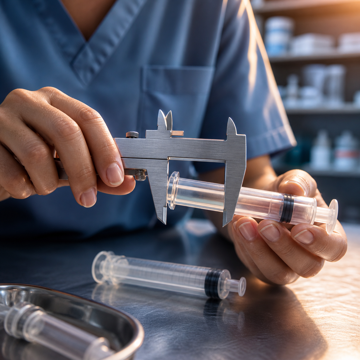 A nurse uses a caliper to verify the barrel length of a generic slip-tip syringe while other syringes remain out of focus.