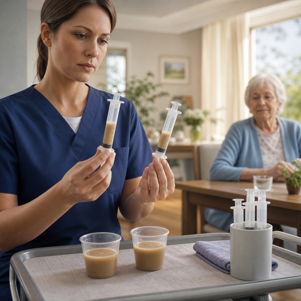 A nurse compares two generic syringes after the same thickened drink produces different residual levels.