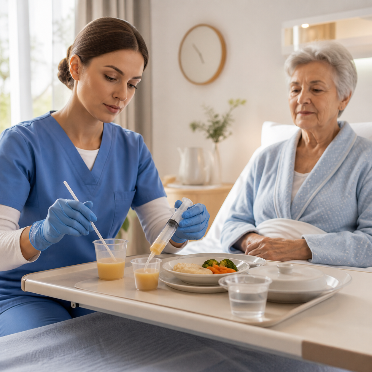 A nurse rechecks a thickened drink at the bedside before serving it to a calm older adult.