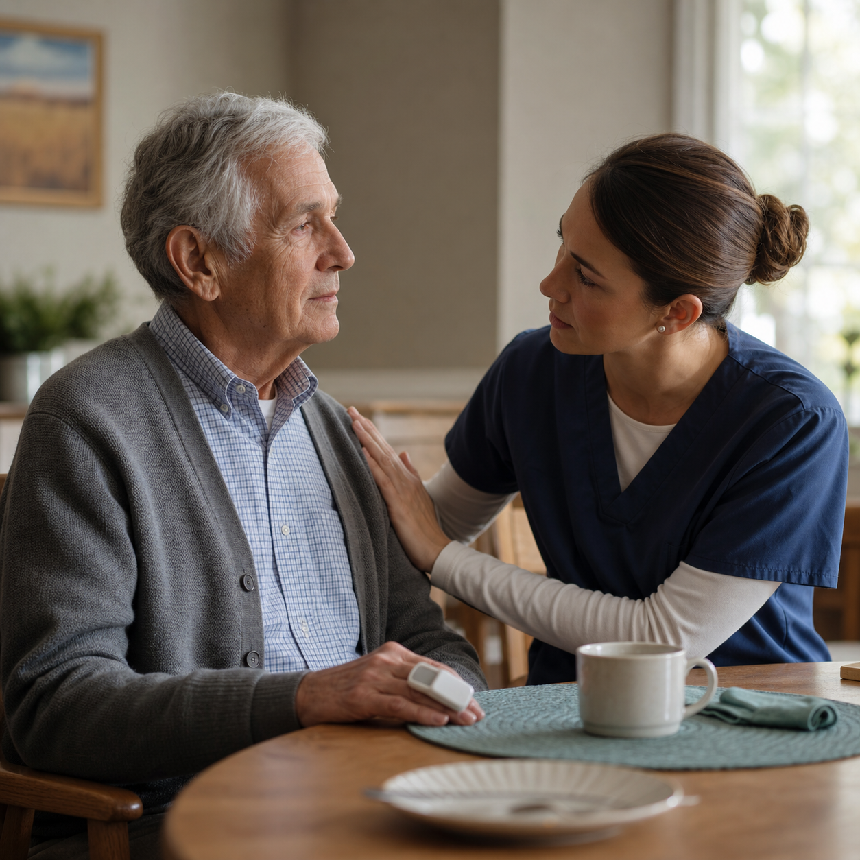A caregiver quietly observes a calm older adult after a drink for subtle voice, breathing, and fatigue changes.