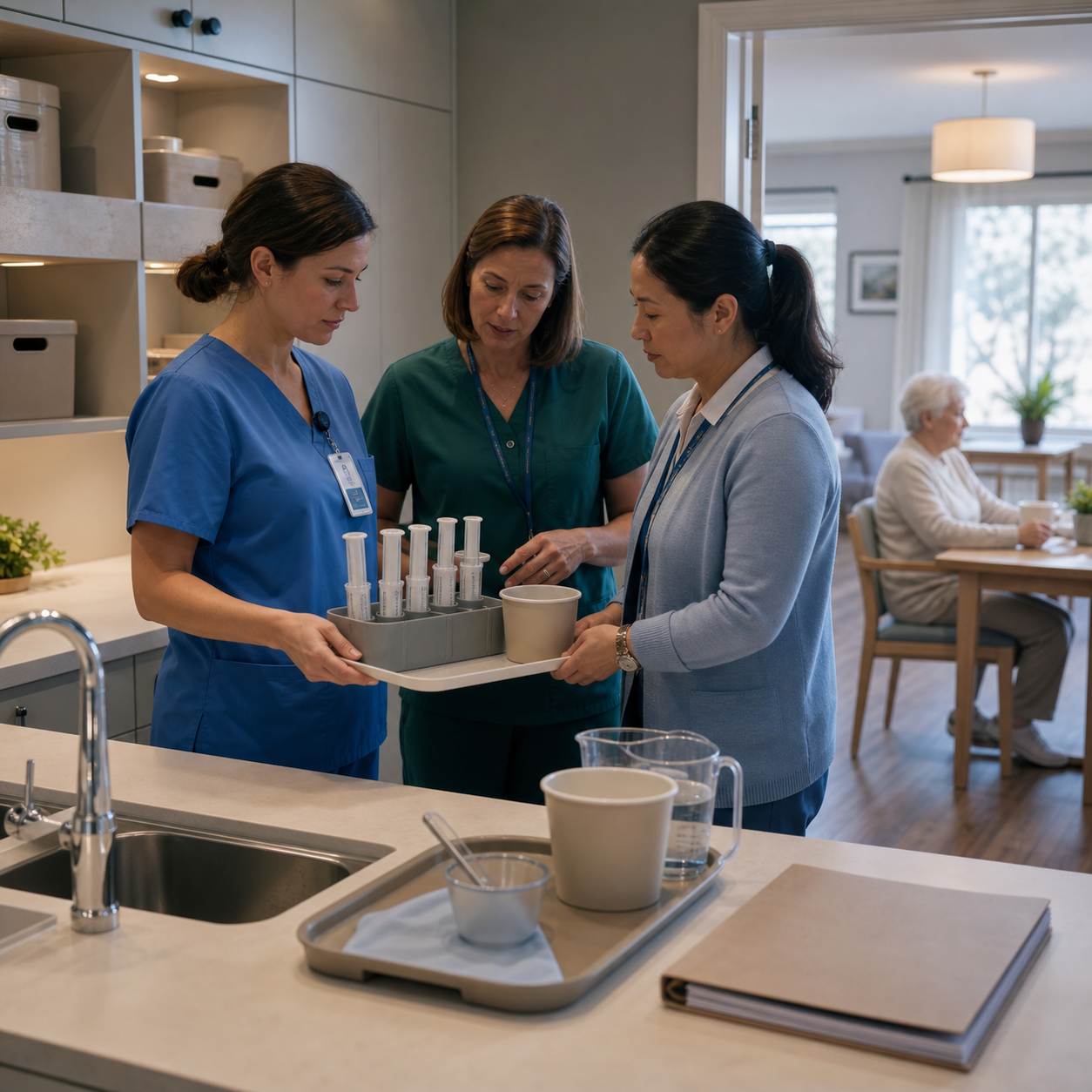 A care-home team audits generic testing syringes, thickened-drink preparation, storage, and the bedside workflow.