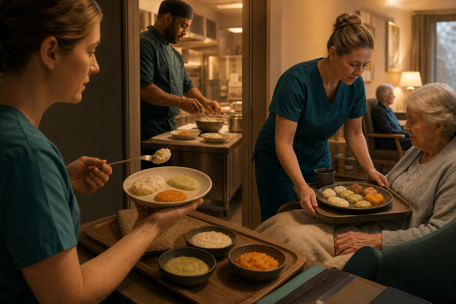 Care-home staff compare food textures across kitchen preparation, tray handoff, and bedside delivery before a resident eats.