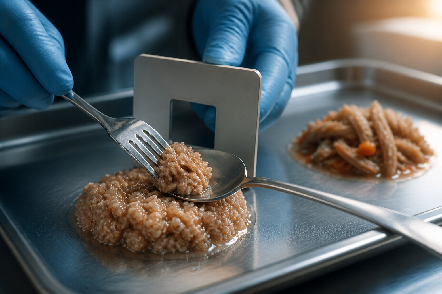 Gloved hands use an unbranded fork, spoon, and blank gauge to check moist cohesive Level 5 style particles and reject long fibers.