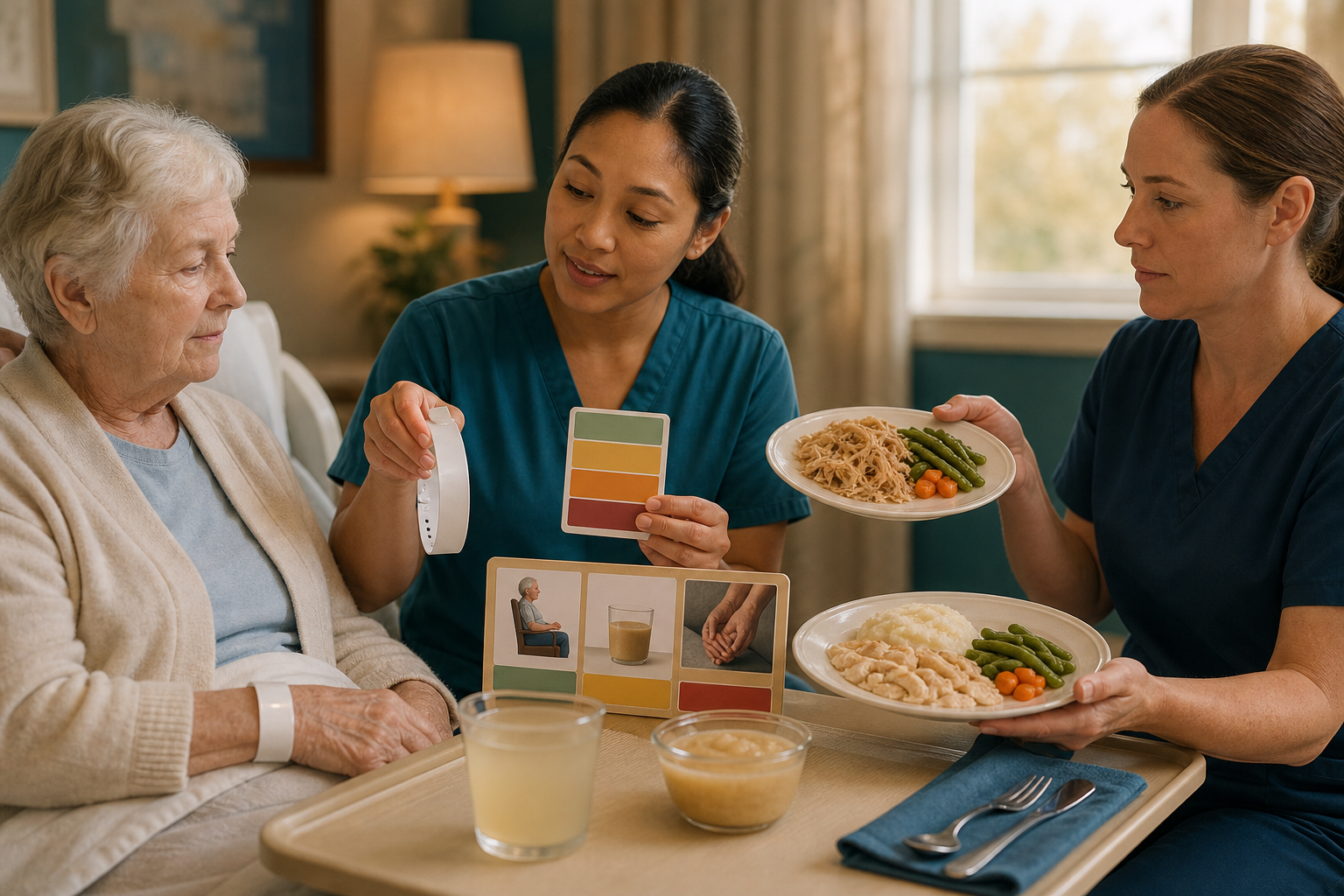 Care staff compare a blank resident band, abstract care card, tray texture, drink consistency, posture, and assistance before feeding.