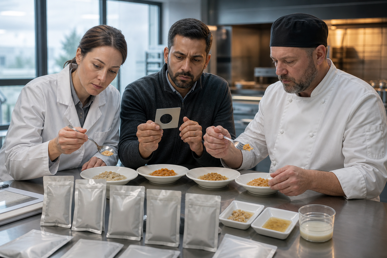 A dietitian, procurement lead, and chef verify blank imported food samples for cohesion, moisture, particle size, and free liquid.