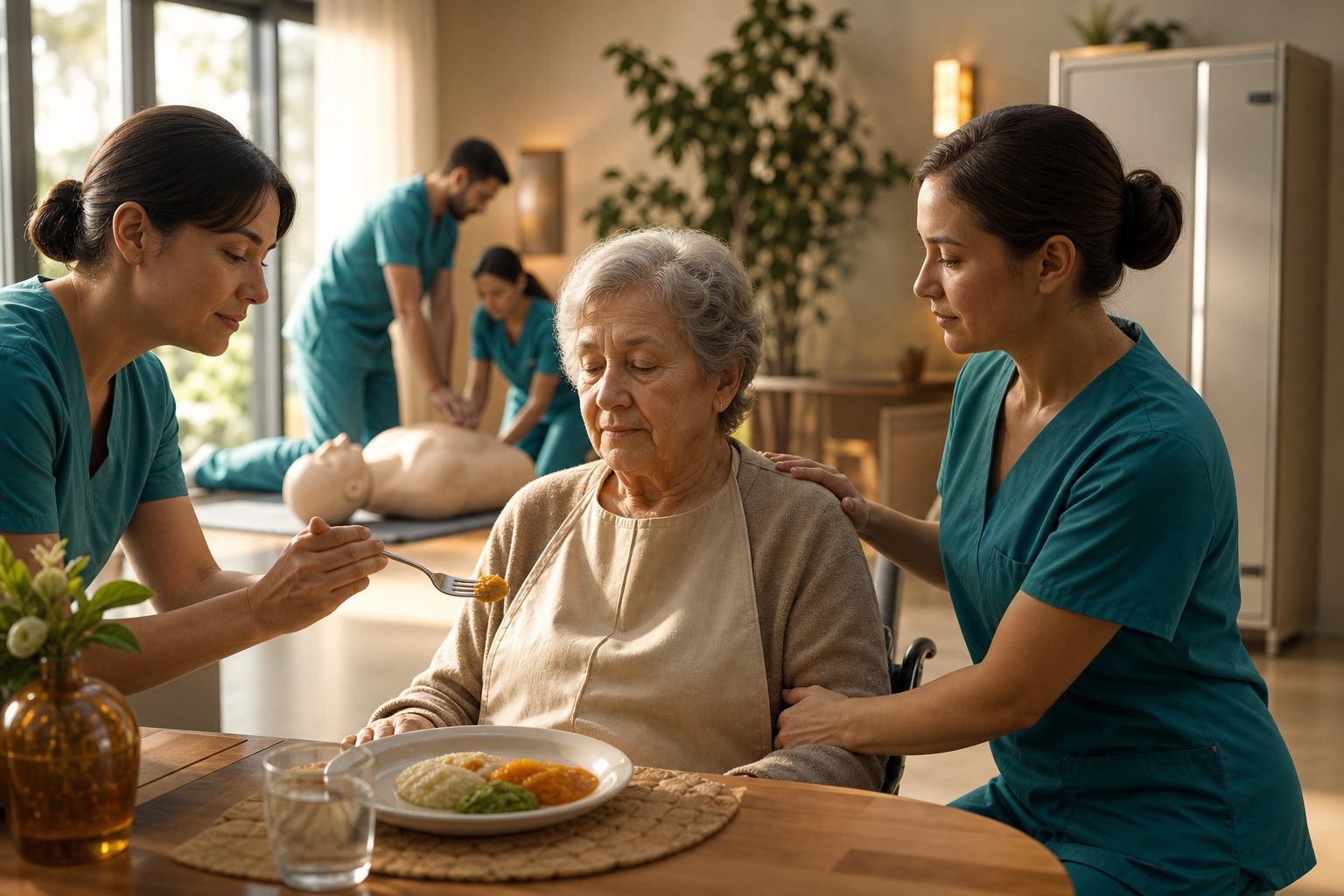 Care staff verify a texture-modified meal before the first bite while colleagues practice first-line rescue on an adult training mannequin.
