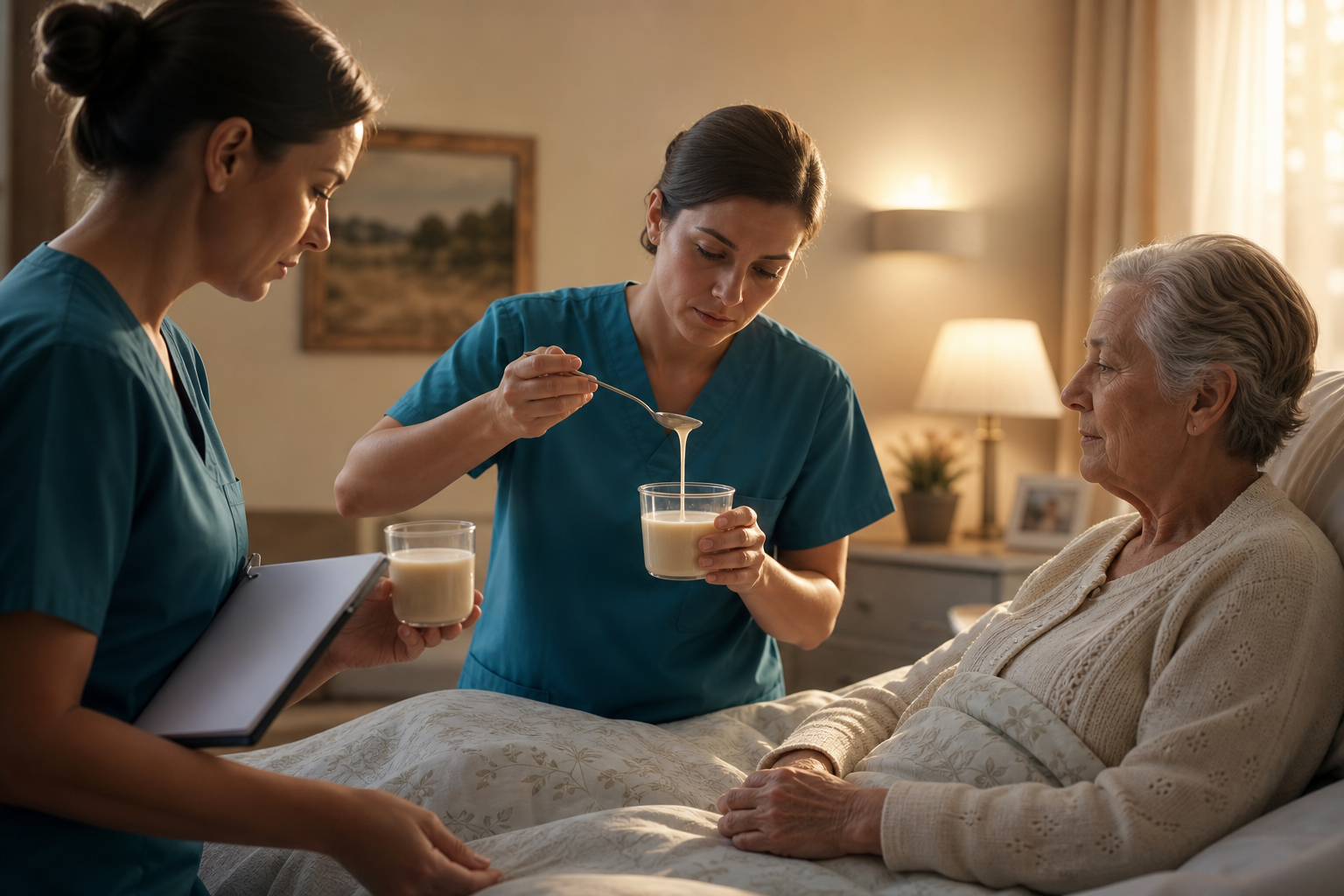 Care staff verify the flow and consistency of an unbranded thickened drink at the bedside before a calm resident's first sip.