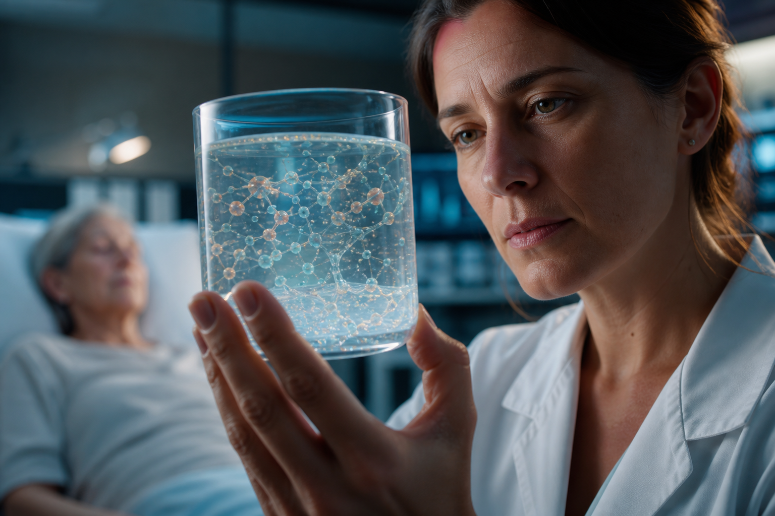 A clinician studies a cinematic molecular view of starch-thickened liquid structure loosening after saliva exposure.