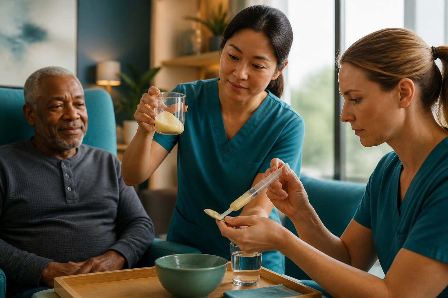 A dysphagia-care team checks a smooth xanthan-thickened drink for stable point-of-use viscosity beside a calm resident.