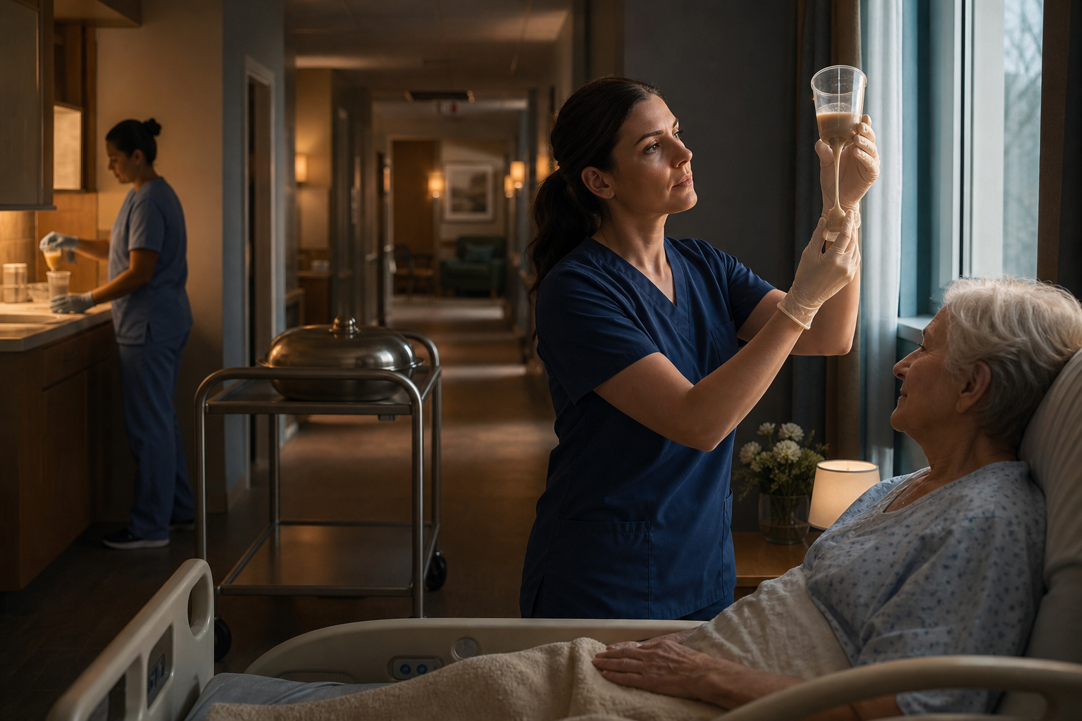 A nurse rechecks thickened-liquid flow at the bedside after preparation, covered-tray transport, and service delay.