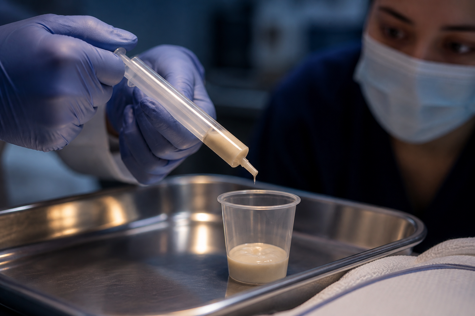 Gloved hands perform an IDDSI-style flow verification with an unmarked clear slip-tip syringe immediately before serving.