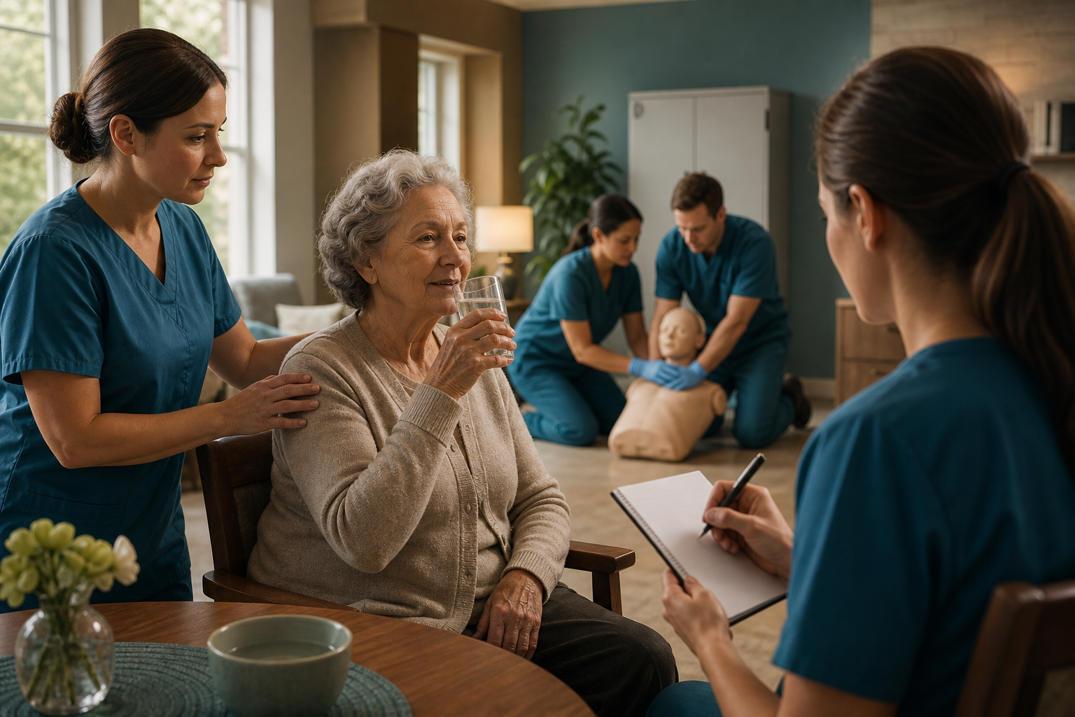Staff observe a calm resident after a supervised sip while colleagues practice first-line rescue on an adult training mannequin.