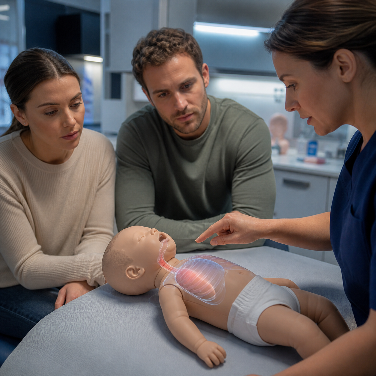 A pediatric nurse teaches caregivers to recognize quiet infant choking warning signs using an artificial training mannequin.